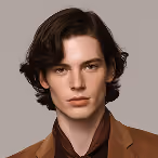 Portrait of a young man with wavy dark hair wearing a brown blazer and dark shirt against a gray background.